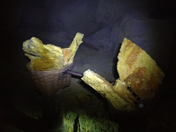 A basket with freshly mined sulfur